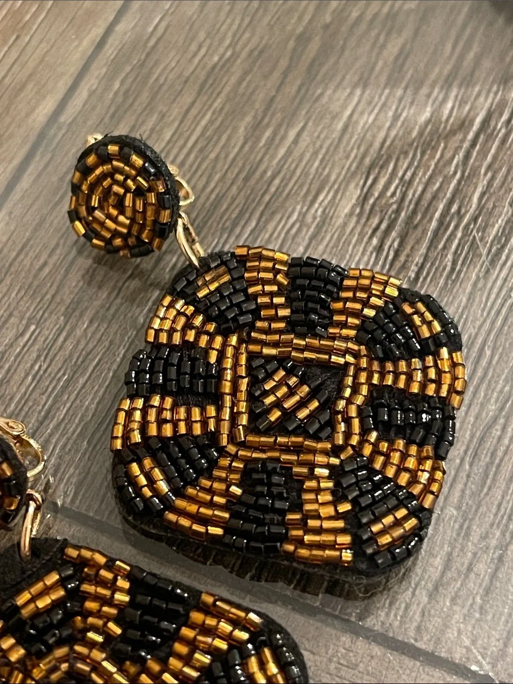 Vintage Style Square Geometric Black & Gold Seed Bead Dangle Clip Earrings